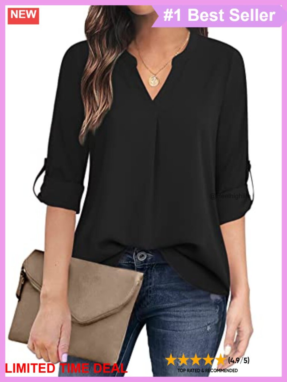 Womens Chiffon V Neck 3/4 Sleeve Blouse Pleated Front Office Top